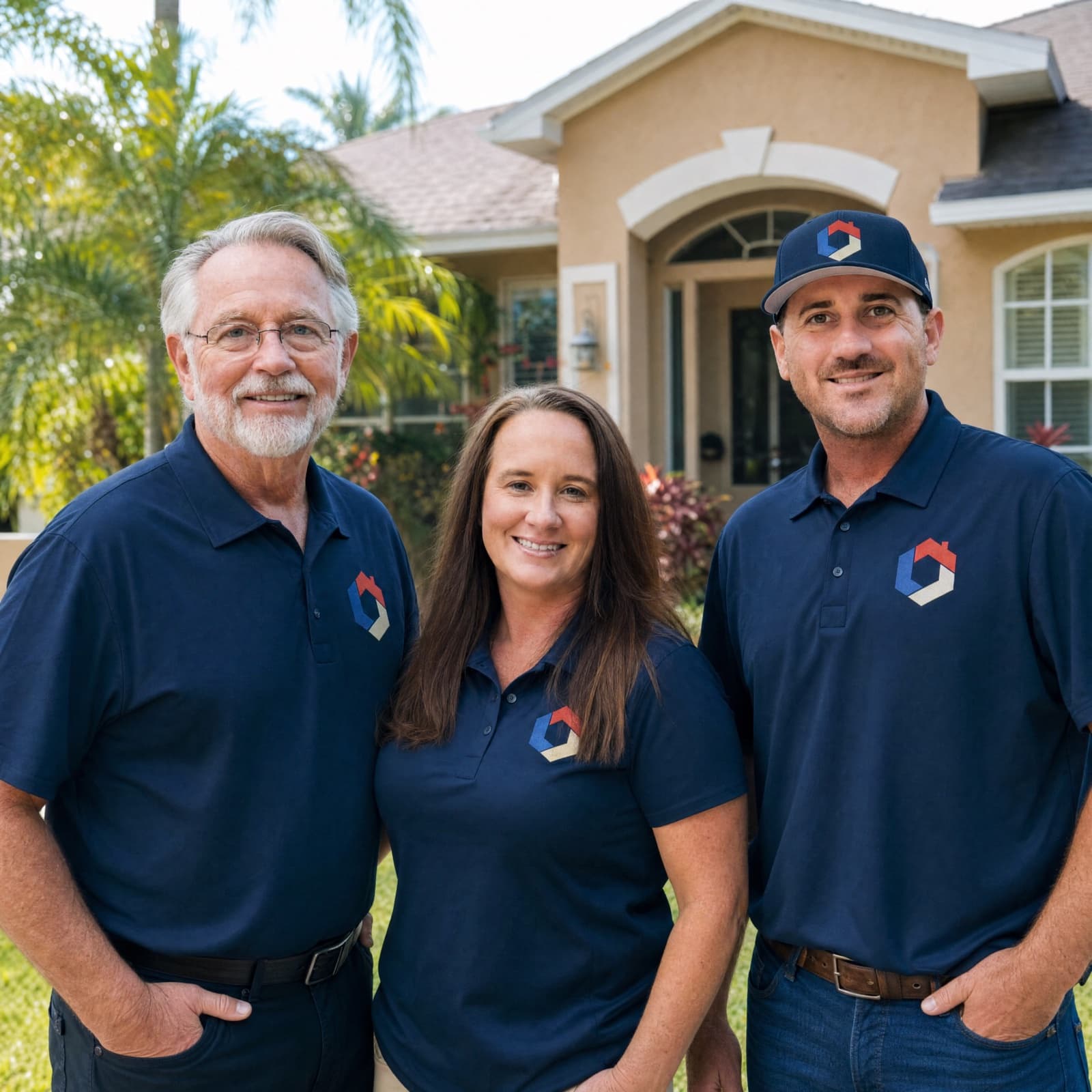 Ken, Jade, and Jared Mellick in Universal Roof & Contracting polos in front of a Central Florida home