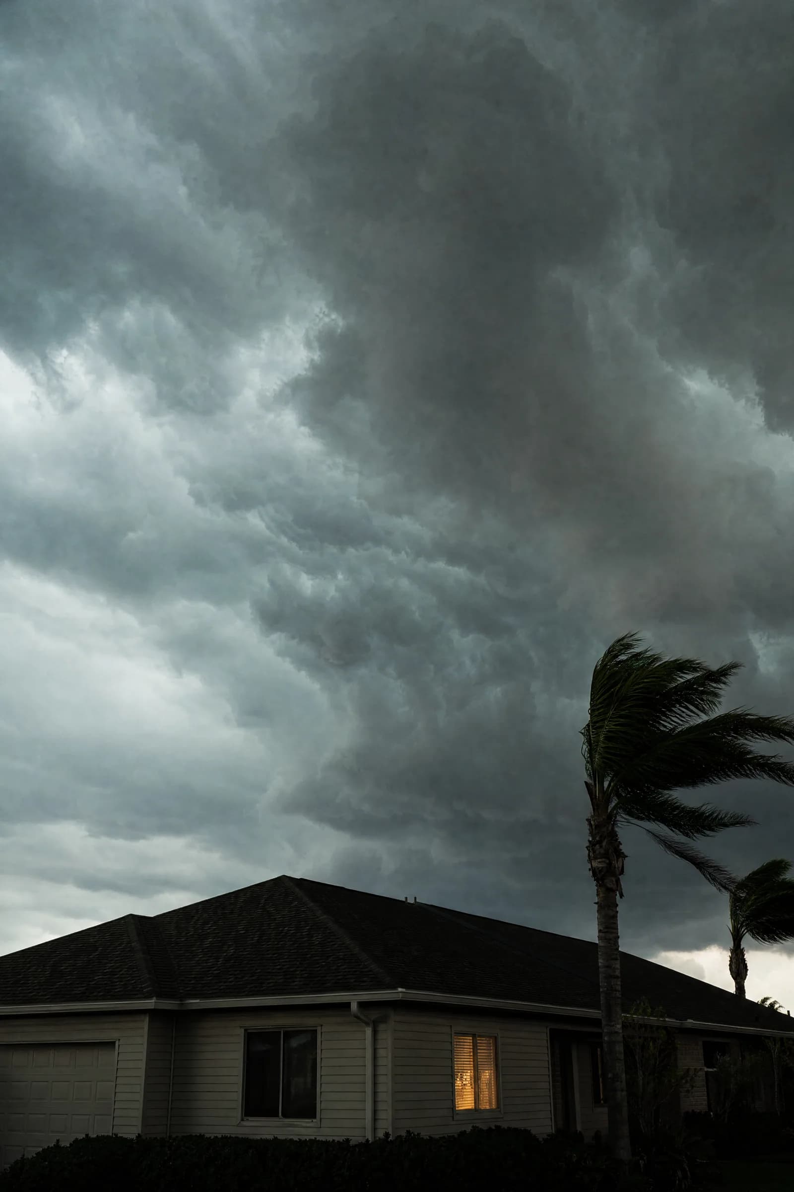 Single-story Florida home with a hip shingle roof under dark storm clouds, palm trees bending in the wind