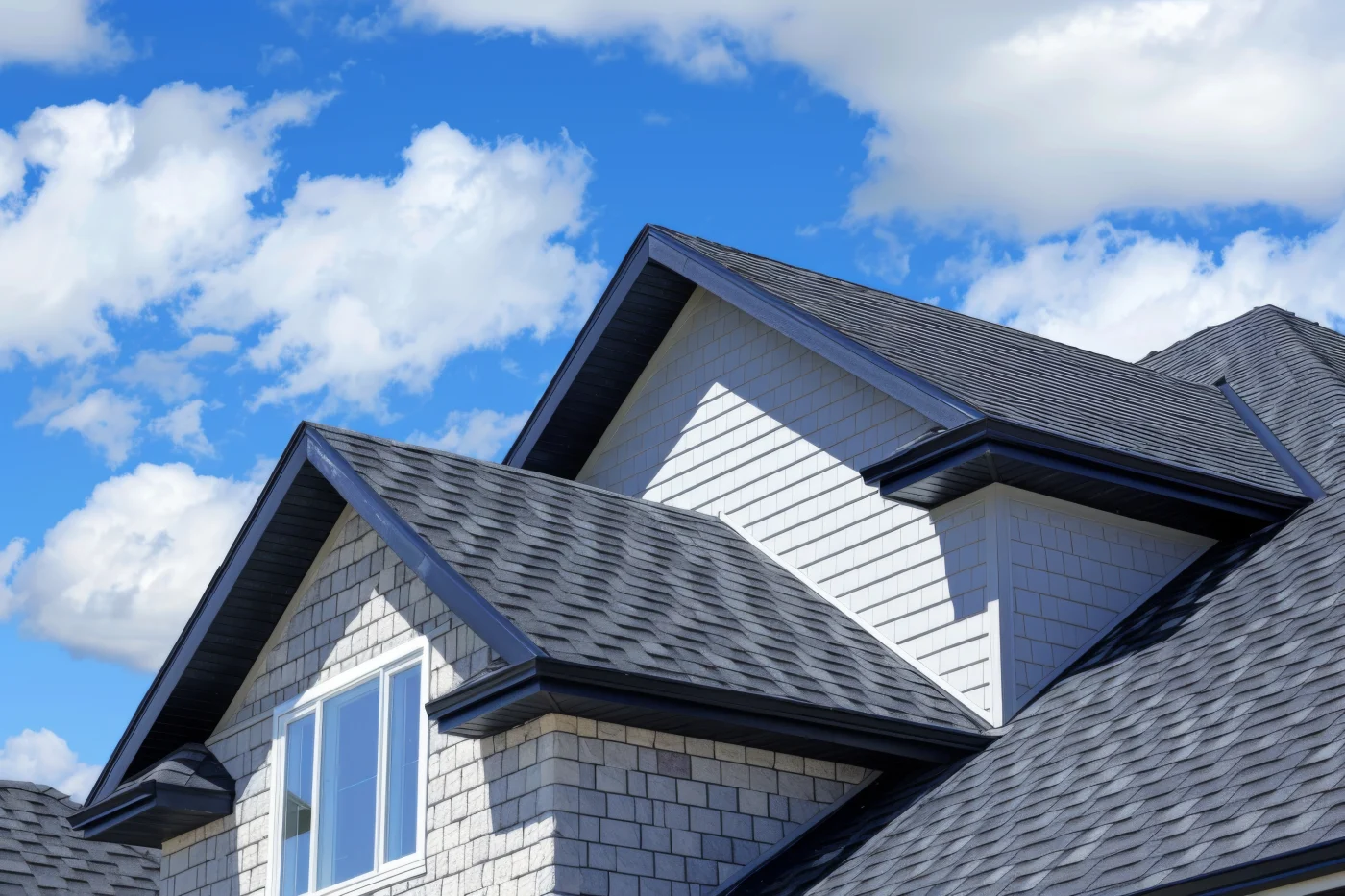 Close-up image of a roof with dark shingles against a blue, cloud-filled sky