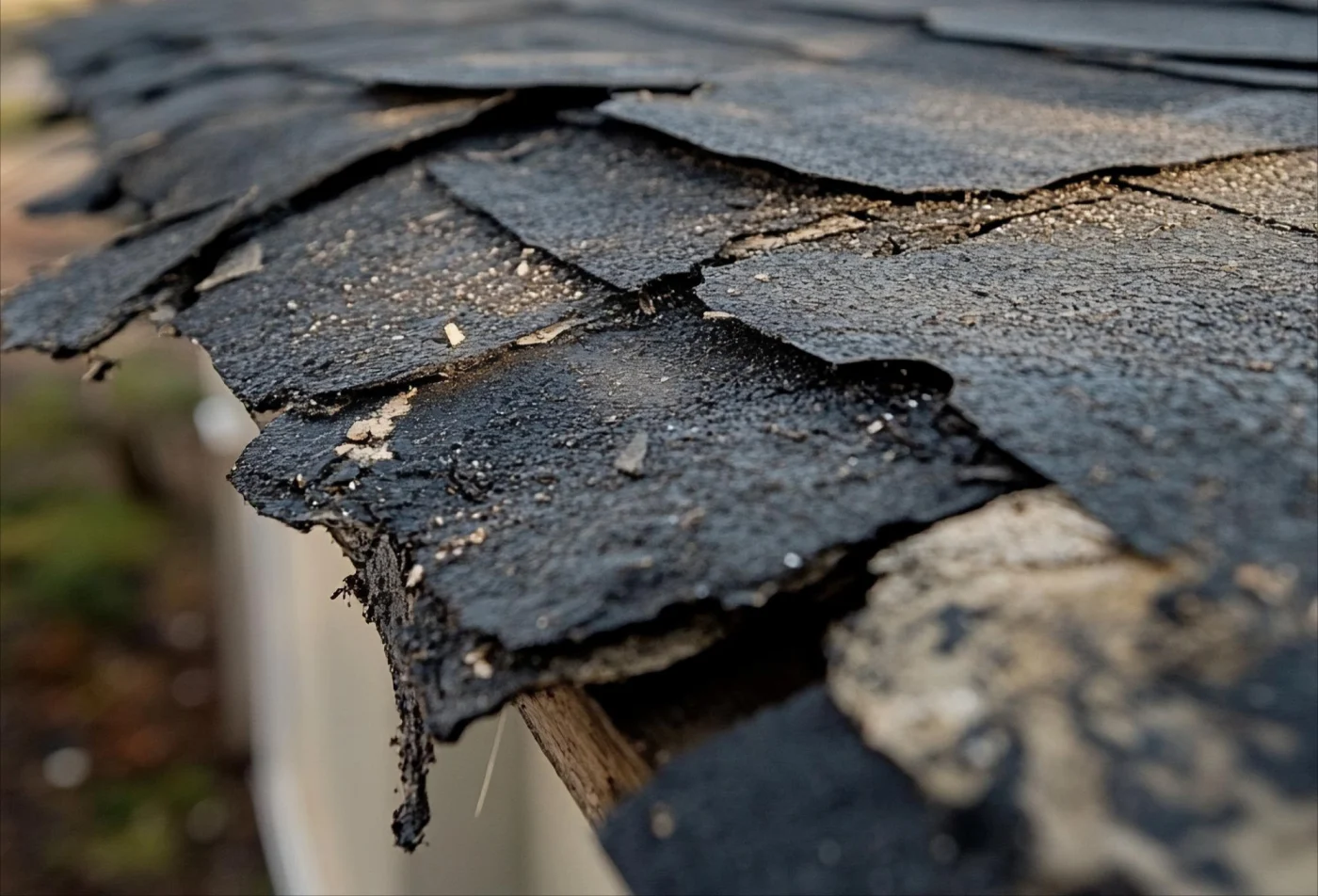 Close-up image of severely damaged asphalt shingles