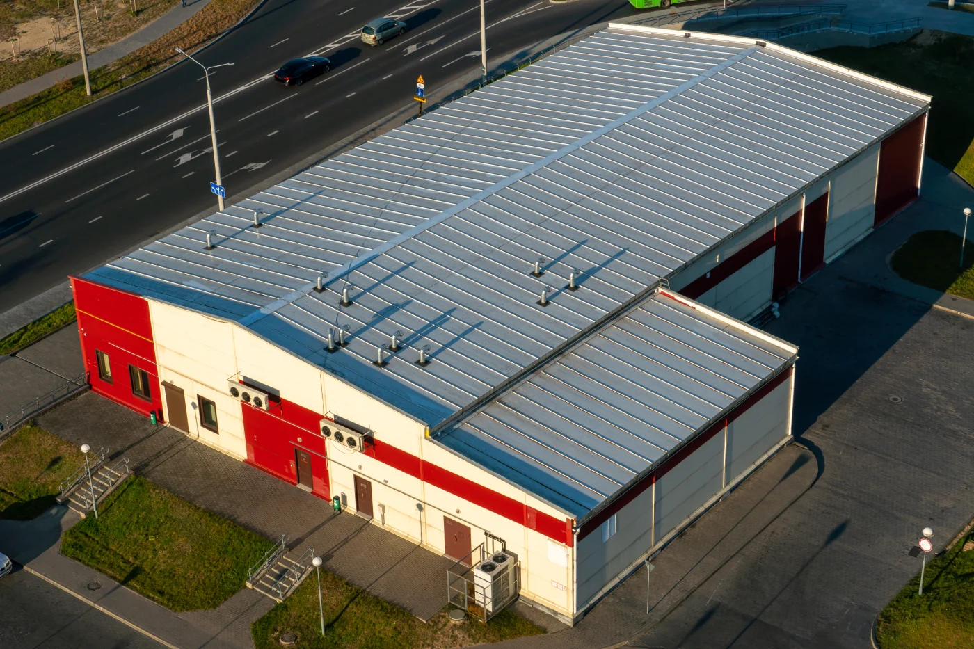 Red warehouse with metal roofing