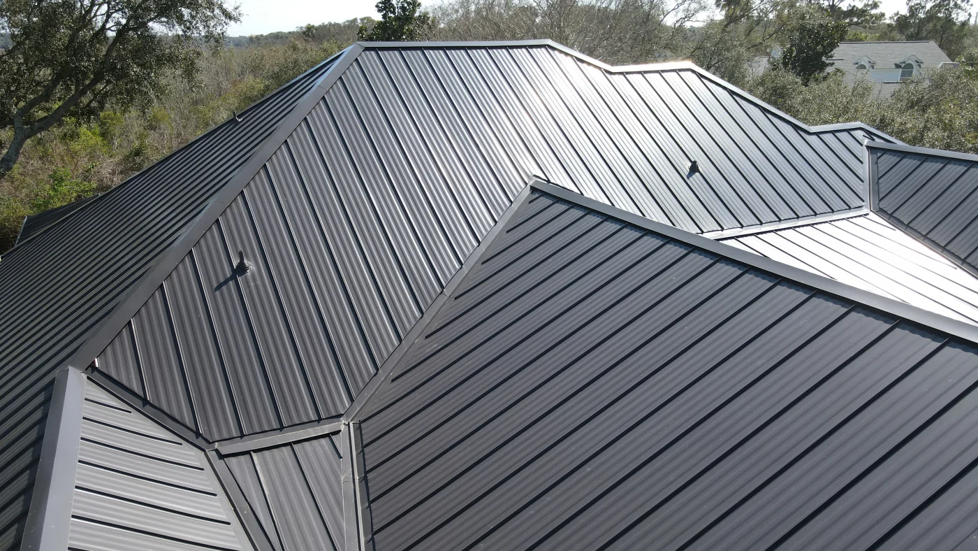 Drone view of a newly installed metal roof