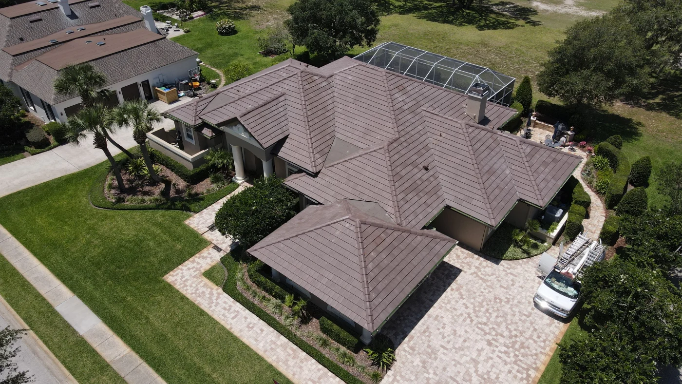 Drone view of a newly installed tile roof