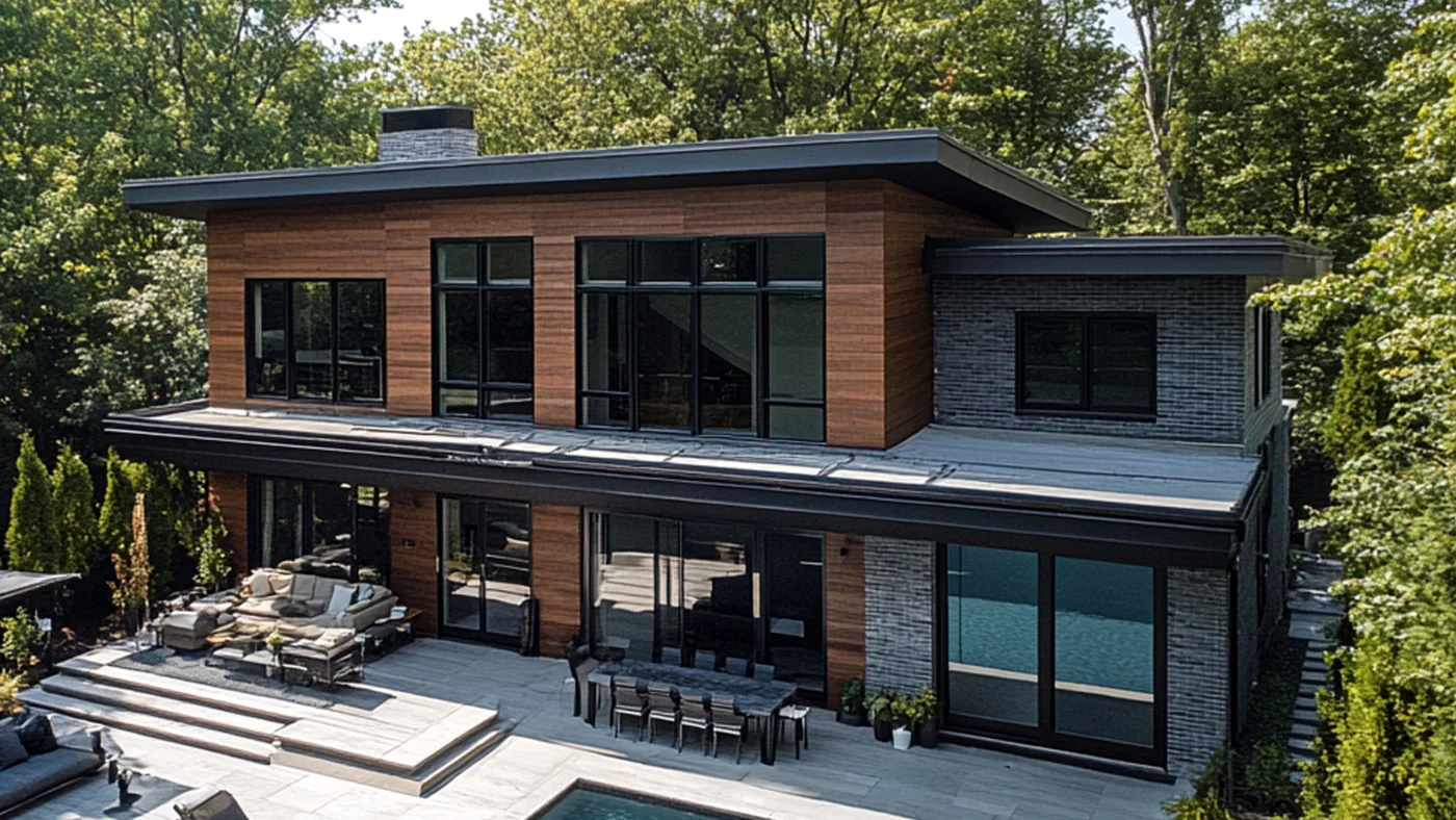 Luxury modern home exterior with wood siding and flat roofing