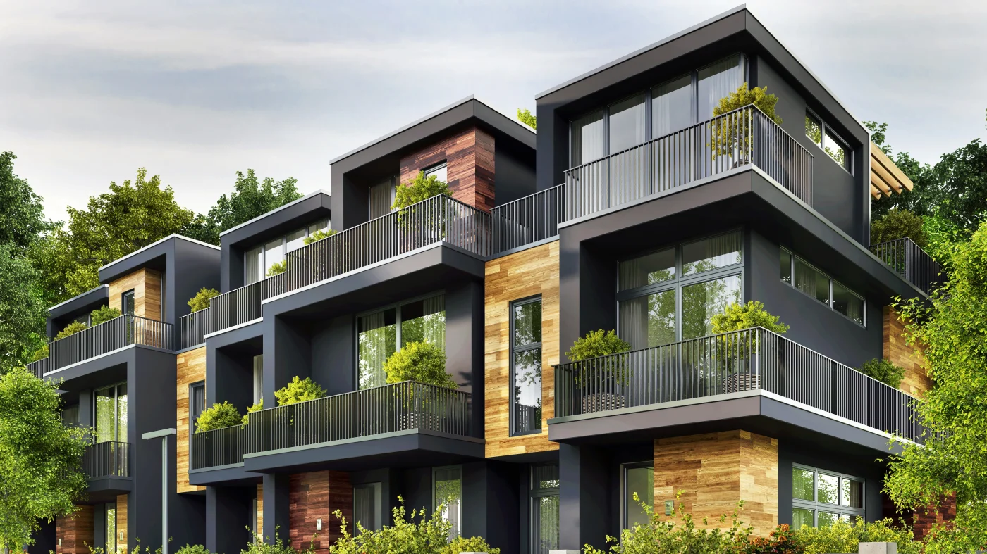 A multi-family building with a flat roof