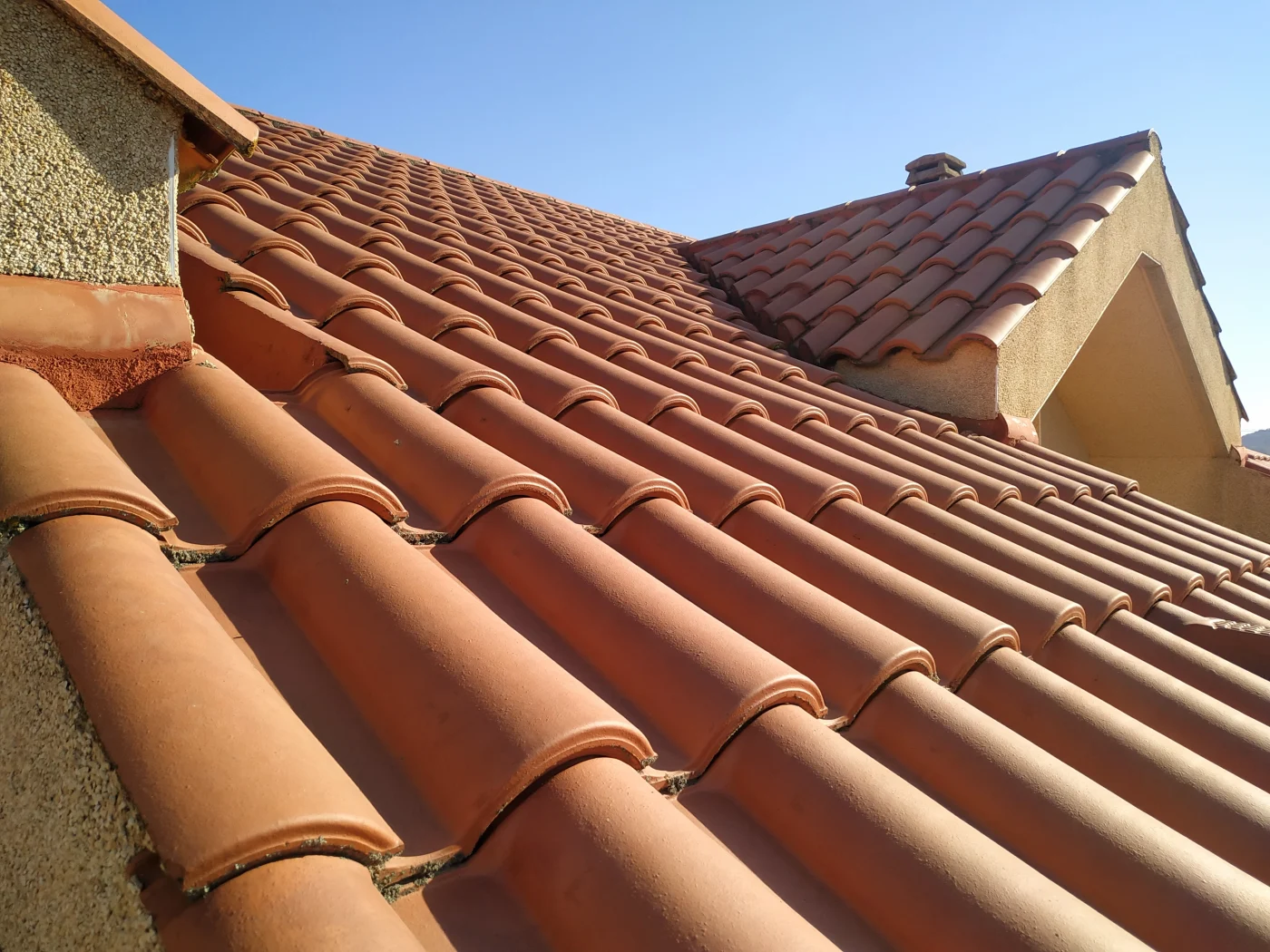 Close-up of a Spanish tile roof on a house
