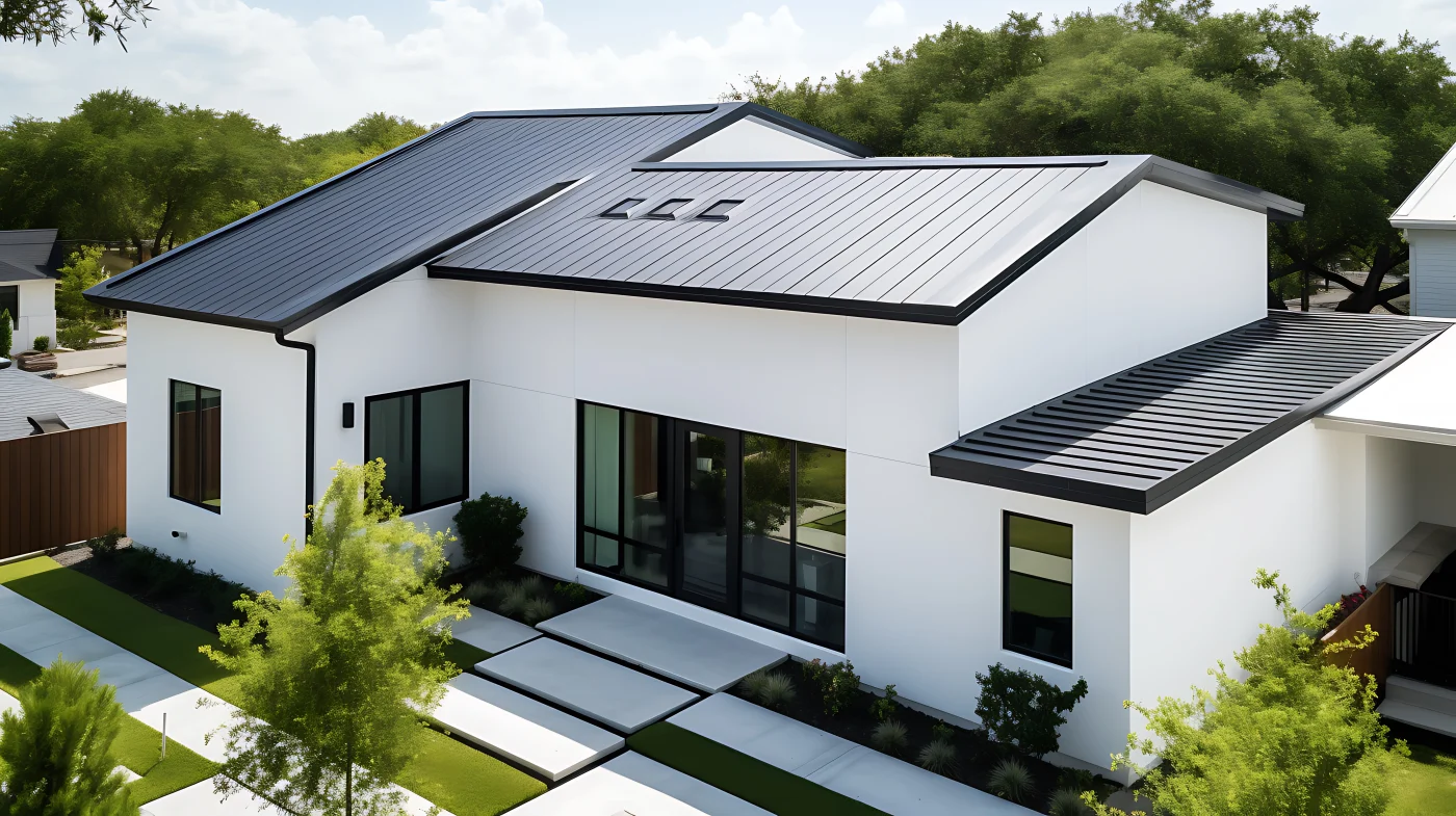 White modern home with sloped metal roofing