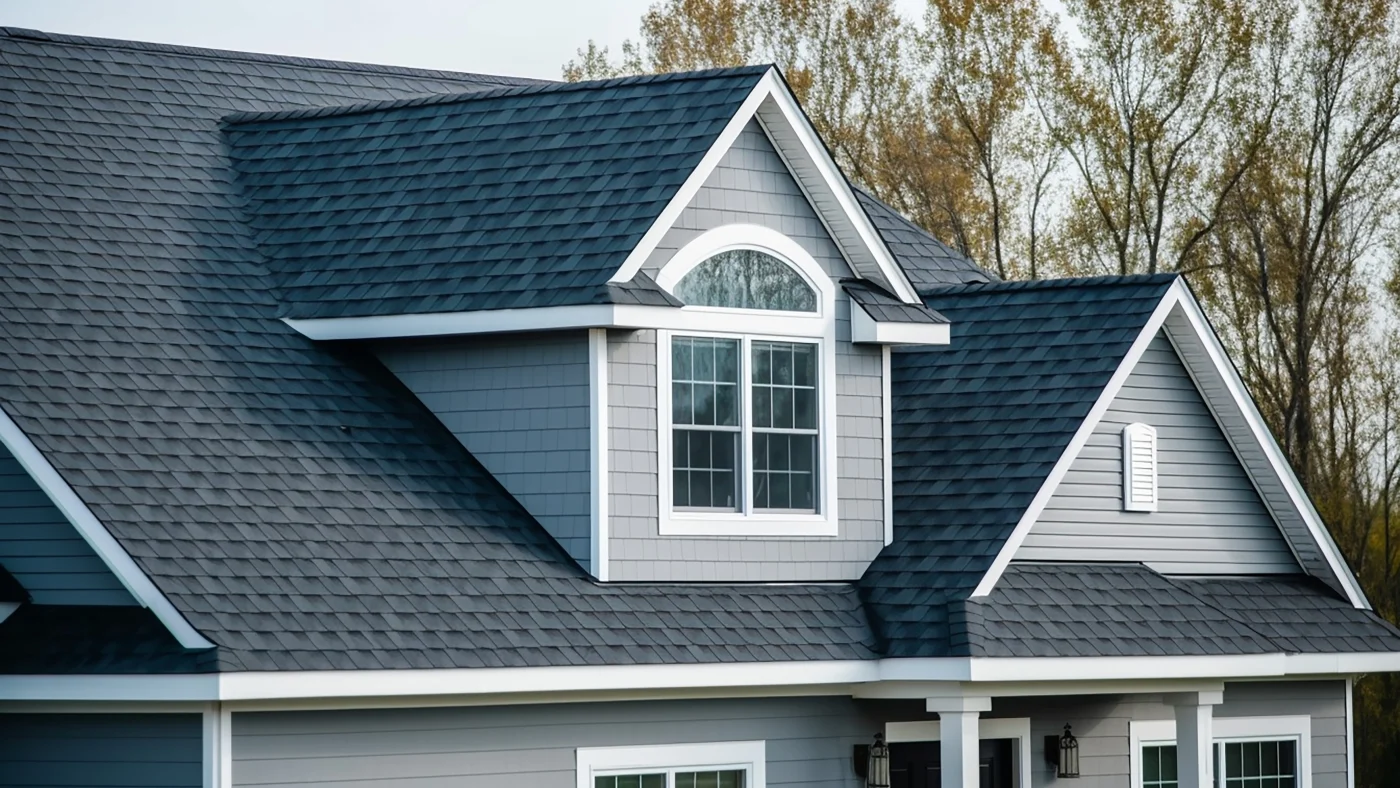 Classic home exterior with gray siding and double-hung window on the roof gable with a beautifully installed dark asphalt shingle roof