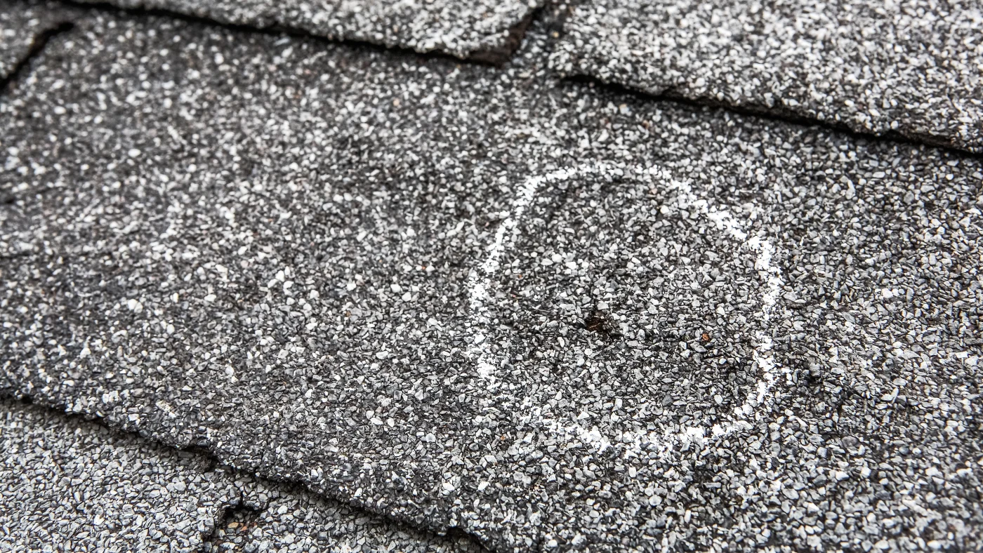 Closeup of a shingle with hail damage marked in chalk