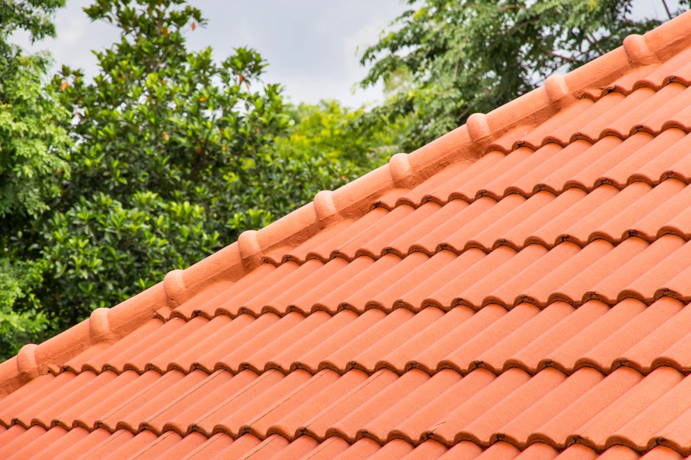 Close-up view of red tiles on a roof.