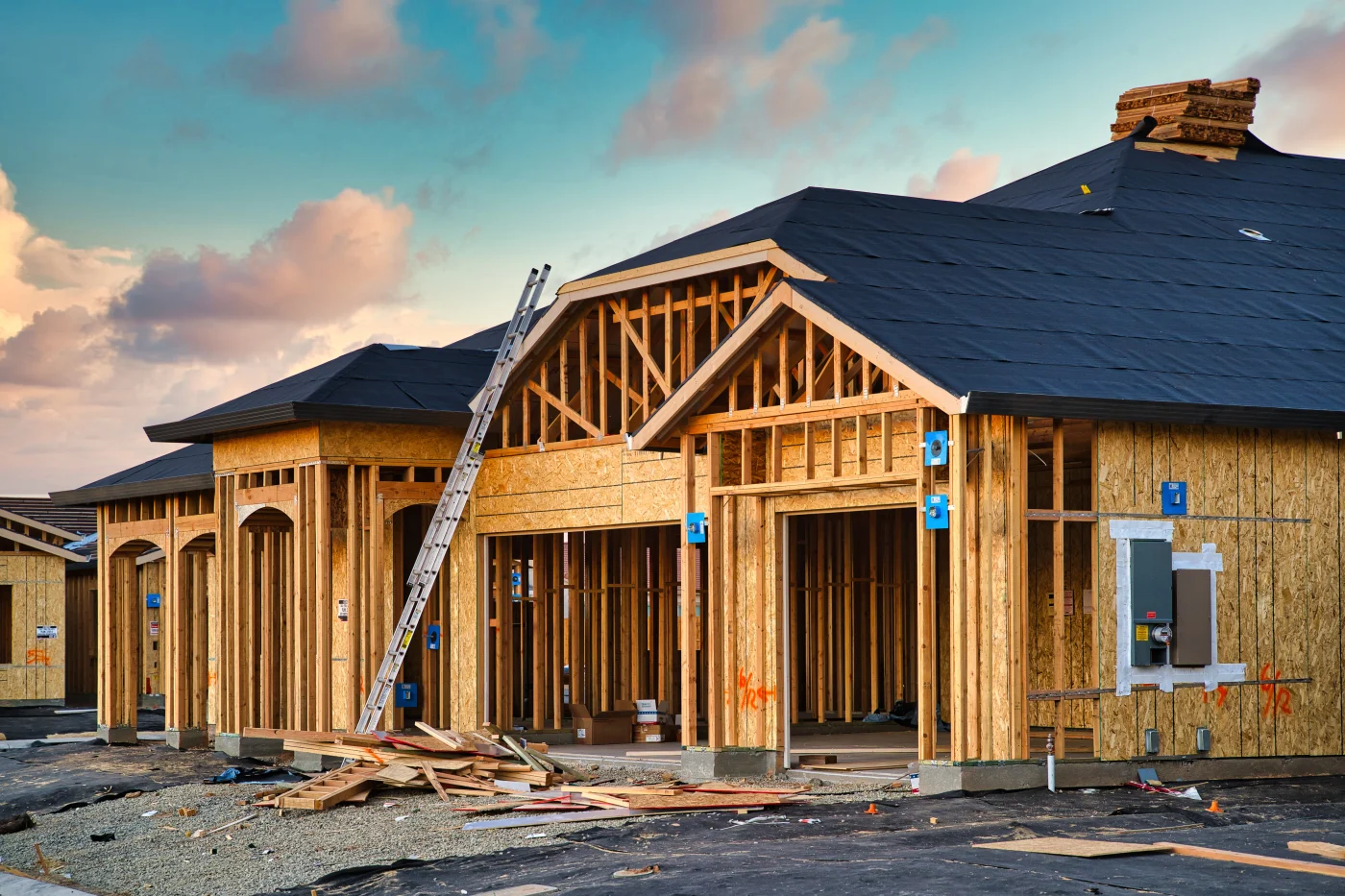 Stunning construction site featuring a brand new residential roof