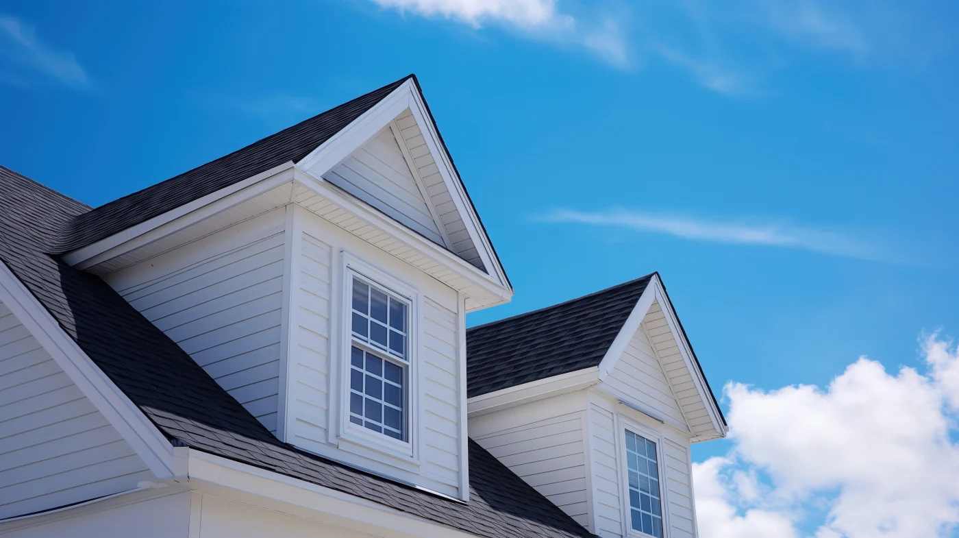 Close Up View Of The Upper Part Of A House With Double Pitched Roof, Black Shingles, White Siding, And Double Hung Windows, Under A Bright Blue Sky. Close Up View Of The Upper Part Of A House With Double Pitched Roof, Black Shingles, White Siding, And Double Hung Windows, Under A Bright Blue Sky.