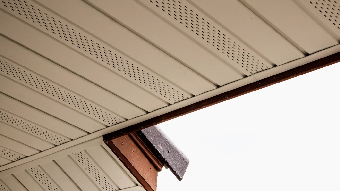 Close-up view of roof peak with lots of skylights and beautiful nature background