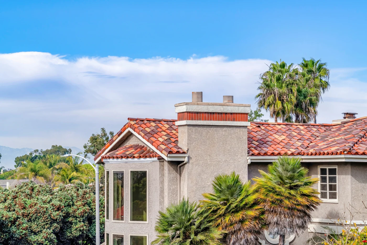 Pale blue home with black asphalt roof surrounded by greenery and palm trees