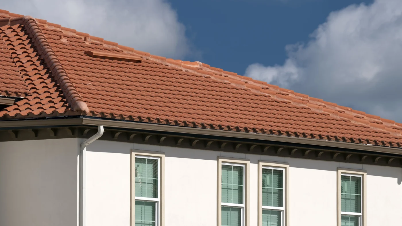 Large home with orange tile roofing