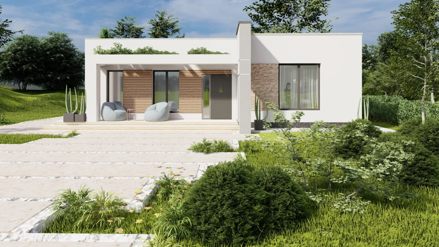 A home with a low-slope roof and rooftop garden