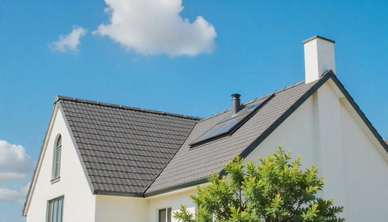 An off-white house has a dark grey roof made of asphalt shingles. There is a bright blue sky with a few bright-white clouds.