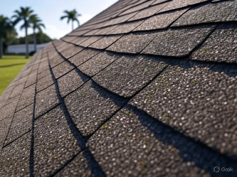 A closeup of an asphalt shingle roof with palm trees in the background.