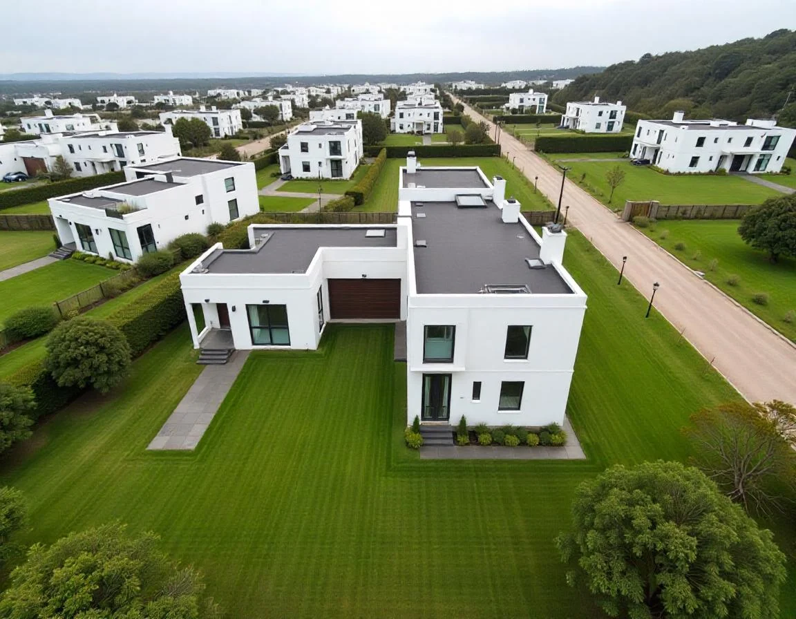 A white house with many windows and a dark grey flat roof. There are similar homes around it. The grass is green and the sky is a bit stormy.