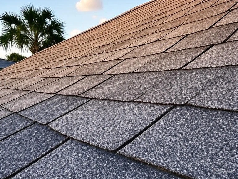 Closeup of an asphalt shingle roof with a palm tree and cloudy blue sky in the background
