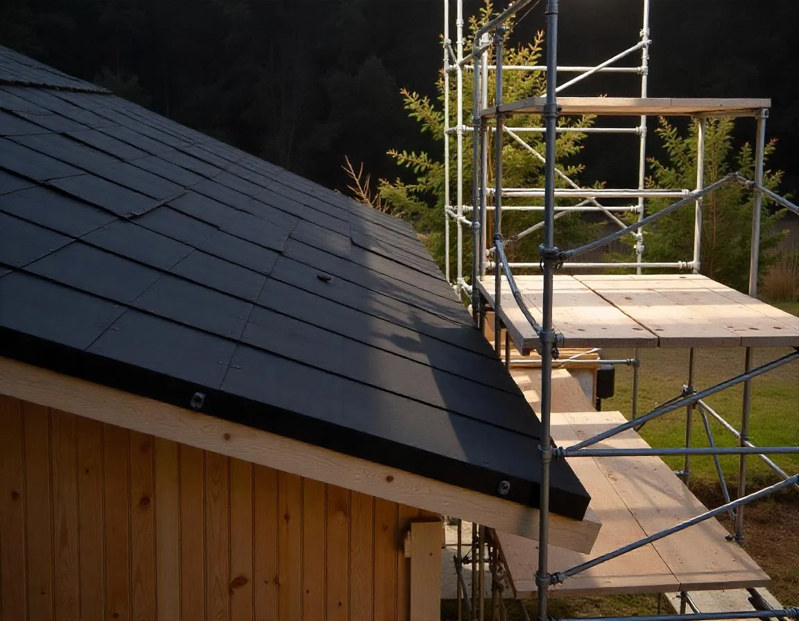 A wooden house has a black roof with minor damage. There are wooden and metal scaffoldings near the house.