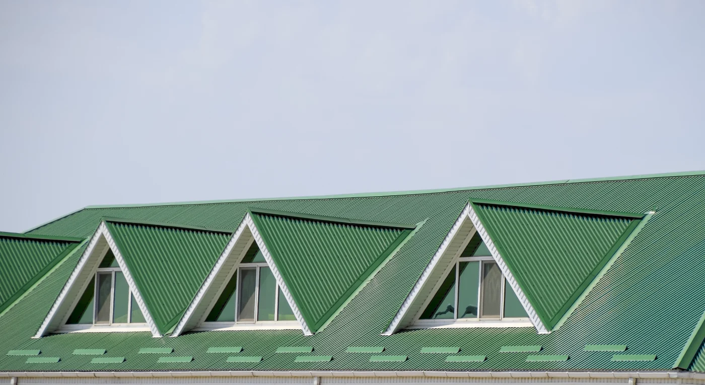 The House With Plastic Windows And A Green Roof Of Corrugated Sheet. Green Roof Of Corrugated Metal Profile And Plastic Windows. The House With Plastic Windows And A Green Roof Of Corrugated Sheet. Green Roof Of Corrugated Metal Profile And Plastic Windows.