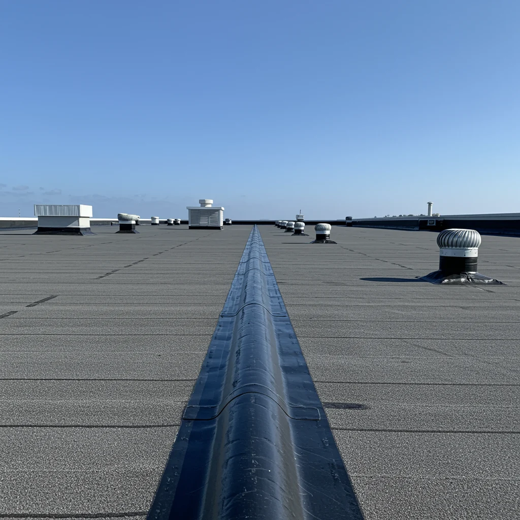 Amazing Commercial Roofing Cape Canaveral Fl Universal Roof And Contracting Wide view of a flat commercial roof with vents and mechanical units, featuring clean membrane seams and a central raised ridge under a clear blue sky.