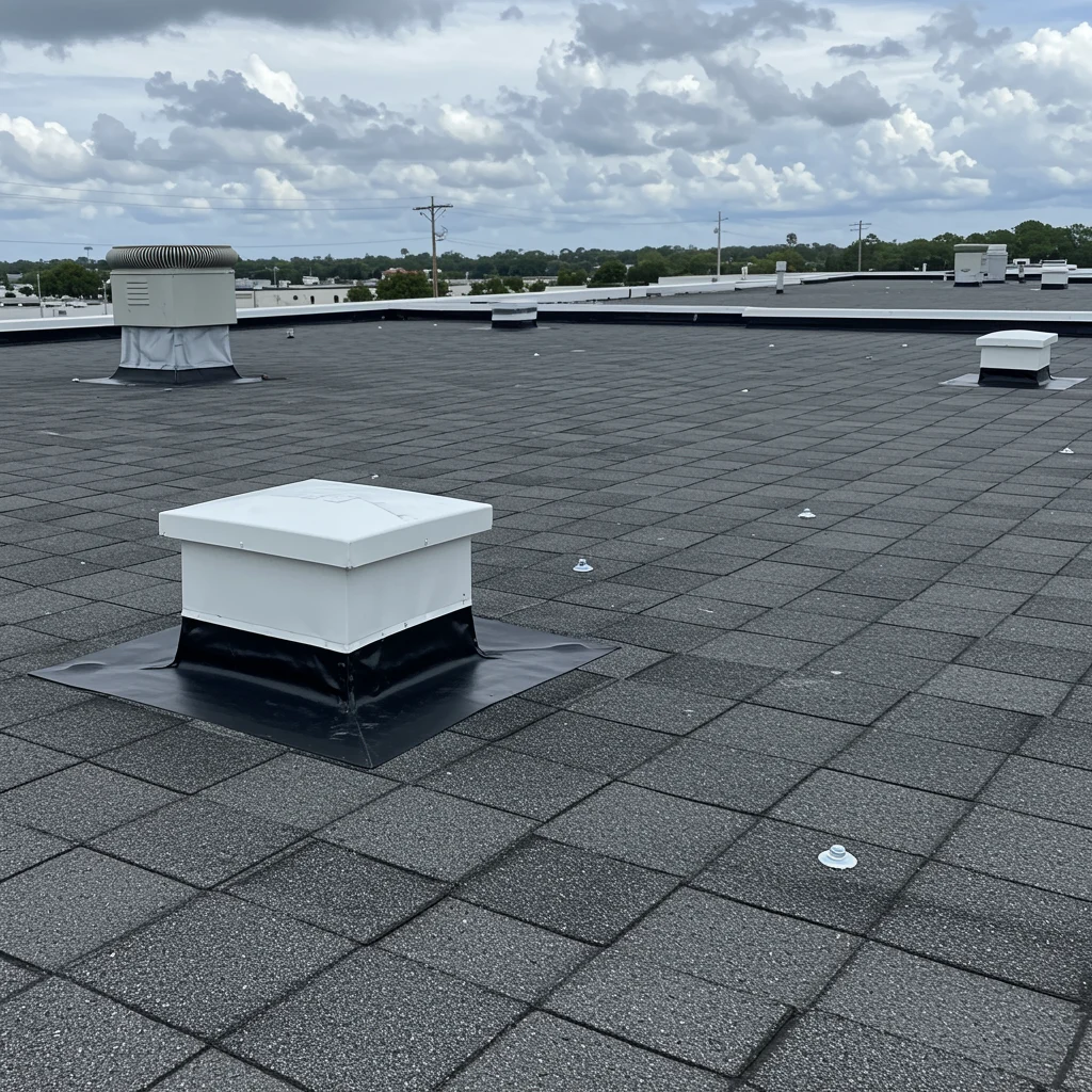 Dependable Commercial Roofing | Apopka, FL | Universal Roof Flat commercial roof surfaced with gray roofing panels, featuring multiple white rooftop vents and equipment curbs, under a cloudy sky.