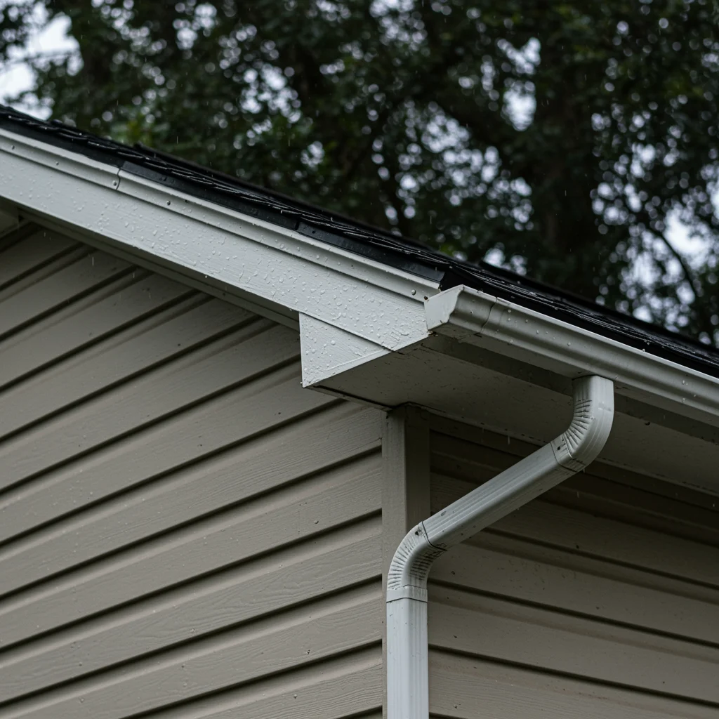 Efficient Siding, Soffit, Fascia, and Gutters| Apopka, FL | Universal Roof Close-up view of a home’s exterior showing beige vinyl siding, a white soffit and fascia, and a connected white gutter system during light rain.