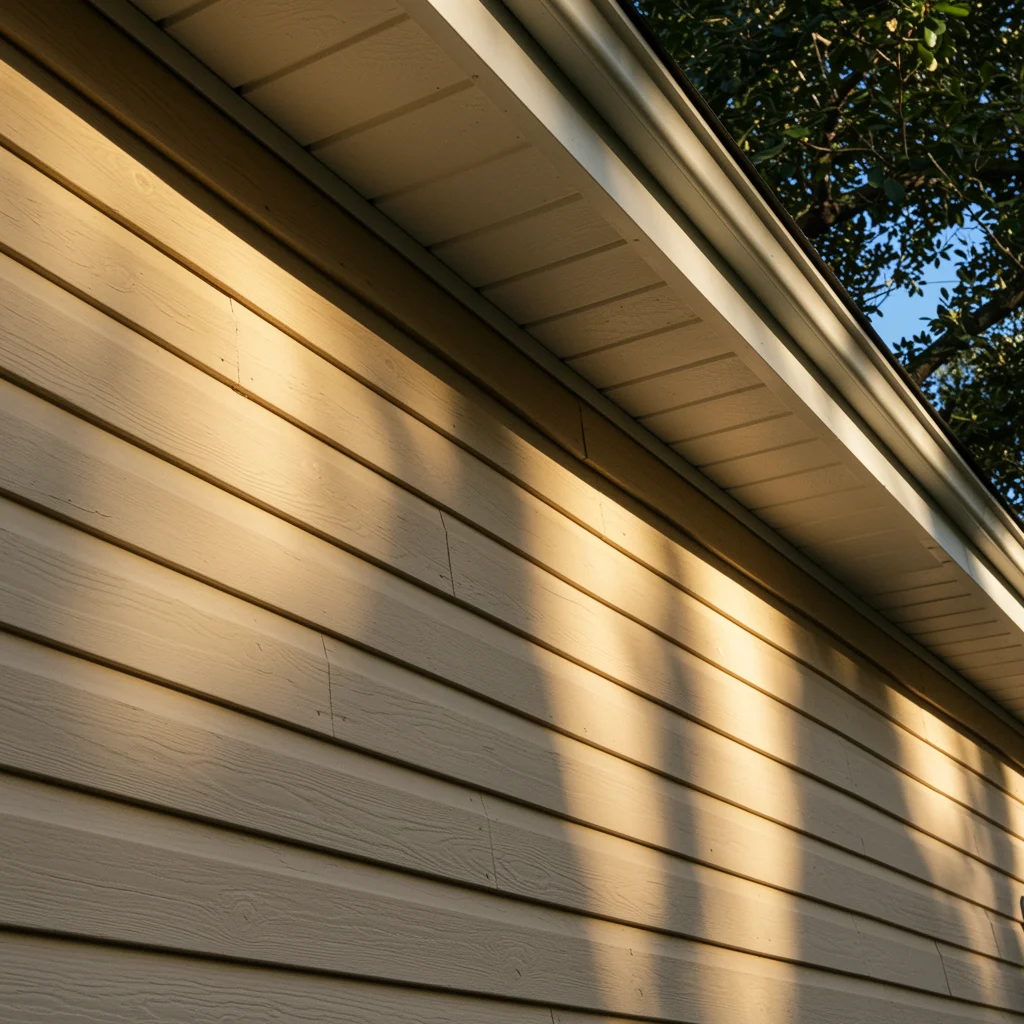 Excellent Siding, Soffit, Fascia, and Gutters | Universal Roof Close-up of beige horizontal siding and a white vented soffit along a home’s roofline, illuminated by warm sunlight.