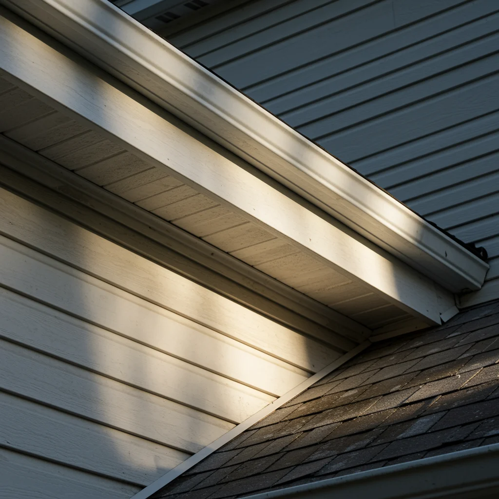Exceptional Siding, Soffit, Fascia, and Gutters | Apopka, FL | Universal Roof Close-up view of a home’s exterior showing beige vinyl siding, a vented soffit, and an asphalt shingle roof section, all highlighted by warm sunlight.