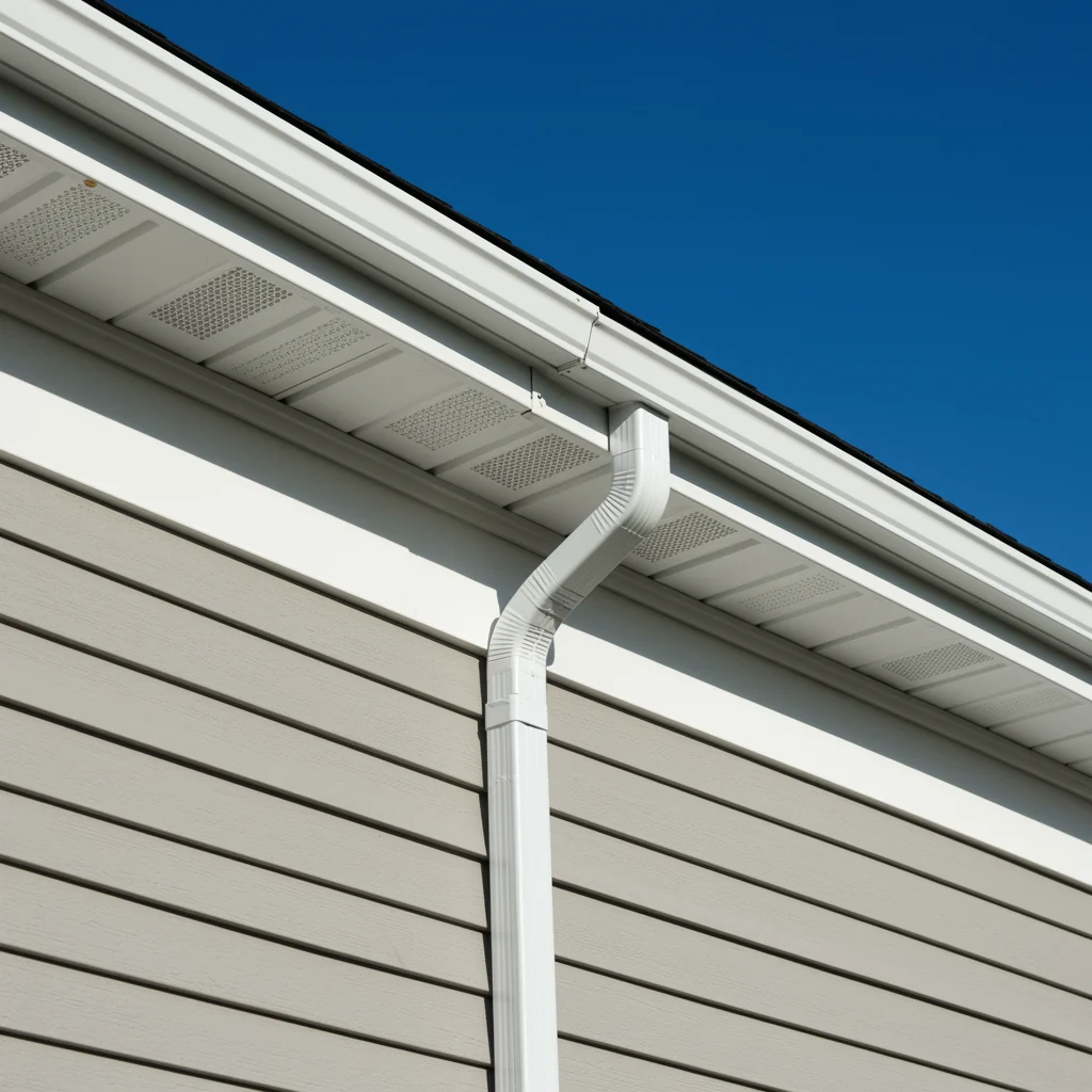 Impressive Siding, Soffit, Fascia, and Gutters | Cocoa Beach, FL Close-up view of a beige home exterior featuring clean horizontal siding, white soffit panels, and a white gutter system with a downspout.