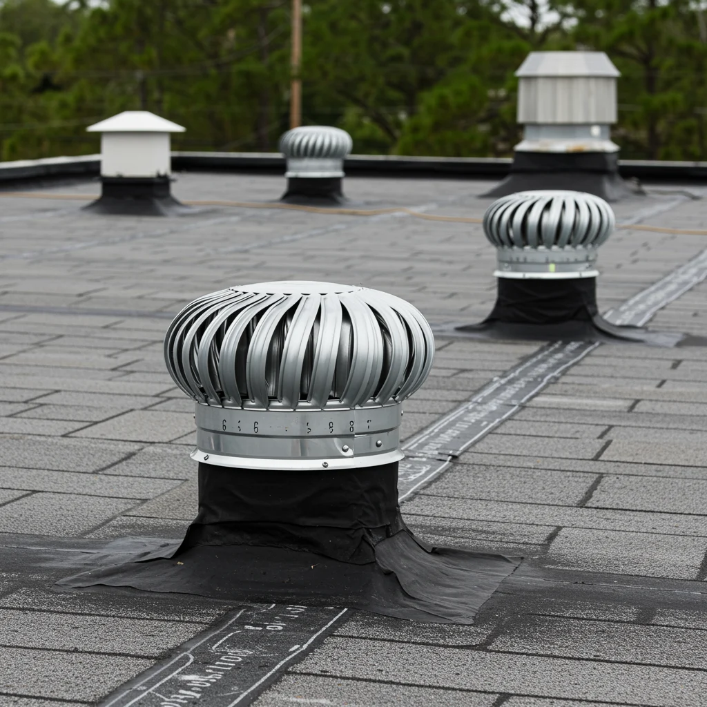 Professional Commercial Roofing | Apopka, FL | Universal Roof Close-up view of a flat commercial roof featuring multiple spinning turbine vents and box vents, all sealed with flashing on a gray roofing surface.