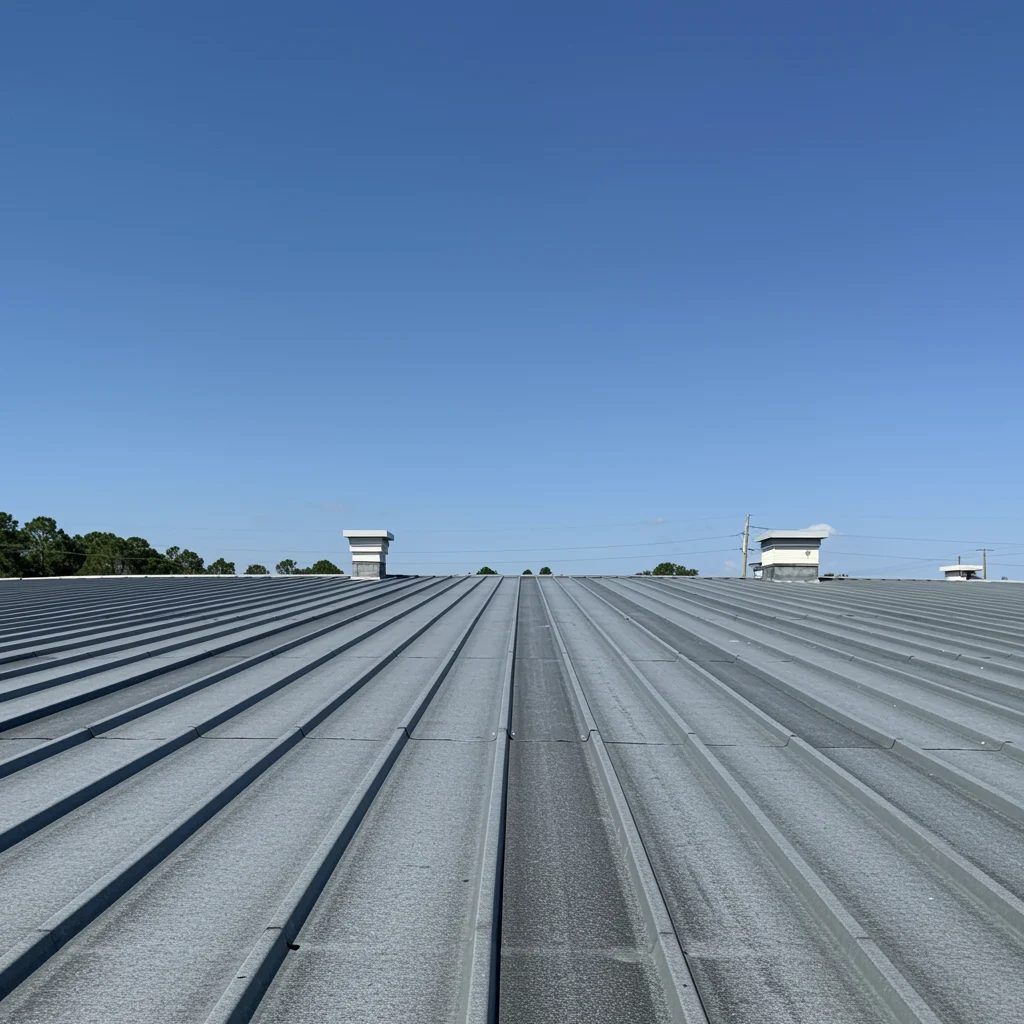 Reliable Commercial Rooinf | Apopka, FL | Universal Roof Long, gray metal commercial roof with raised seams extending toward the horizon, featuring several rooftop vents and a bright blue sky.