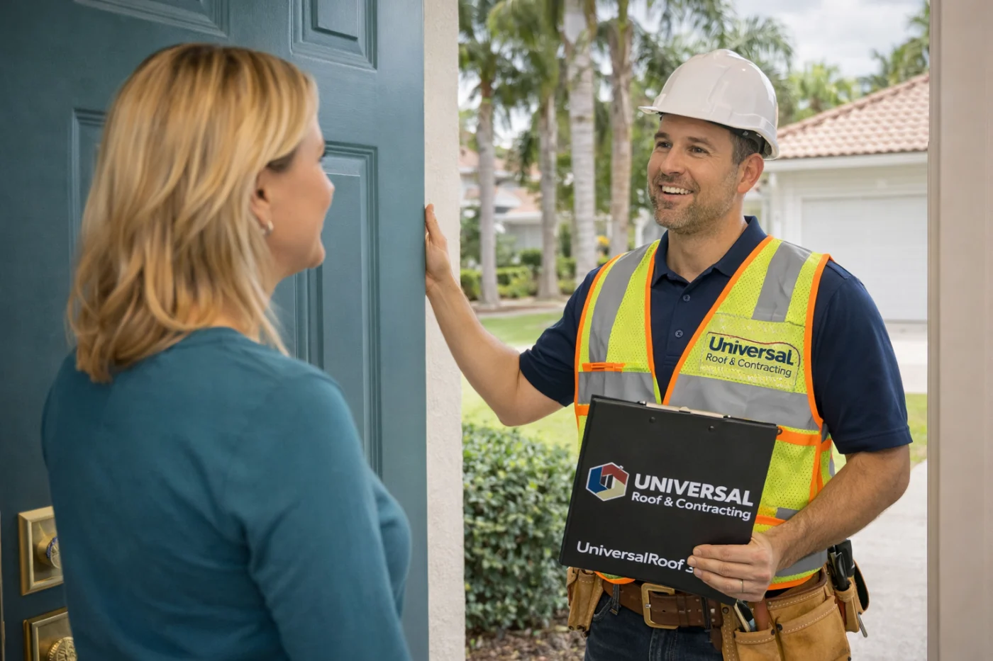 Absolute Professionalism And Caring Customer Service Central Florida Universal Roof And Contracting Universal Roof & Contracting technician wearing safety gear speaks with a homeowner at her front door in Central Florida