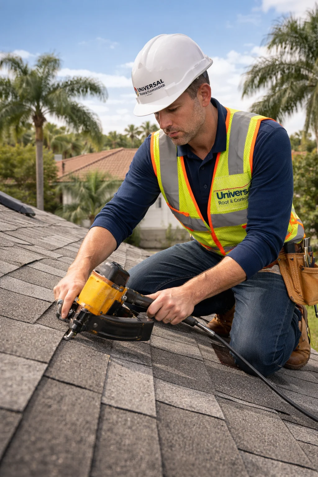 Impeccable Workmanship From Platinum Preferred Contractors Central Florida Universal Roof And Contracting Universal Roof & Contracting roofer in full safety gear, installing shingles on a Florida roof