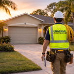 Universal Roof & Contracting roofer wearing a safety vest and hard hat walking toward a Florida home in the early morning, prepared for a professional roofing service visit.