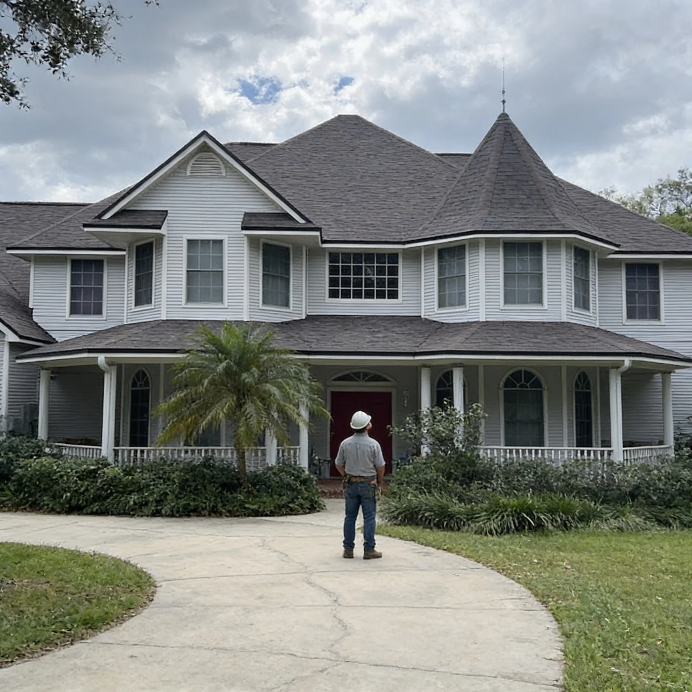 The Perks Of Working With A Platinum Preferred Contractor| Orlando, FL | Universal Roof & Contracting A roofing contractor in a hard hat stands at the end of a curved driveway, inspecting a large two-story white house with a steep shingle roof.