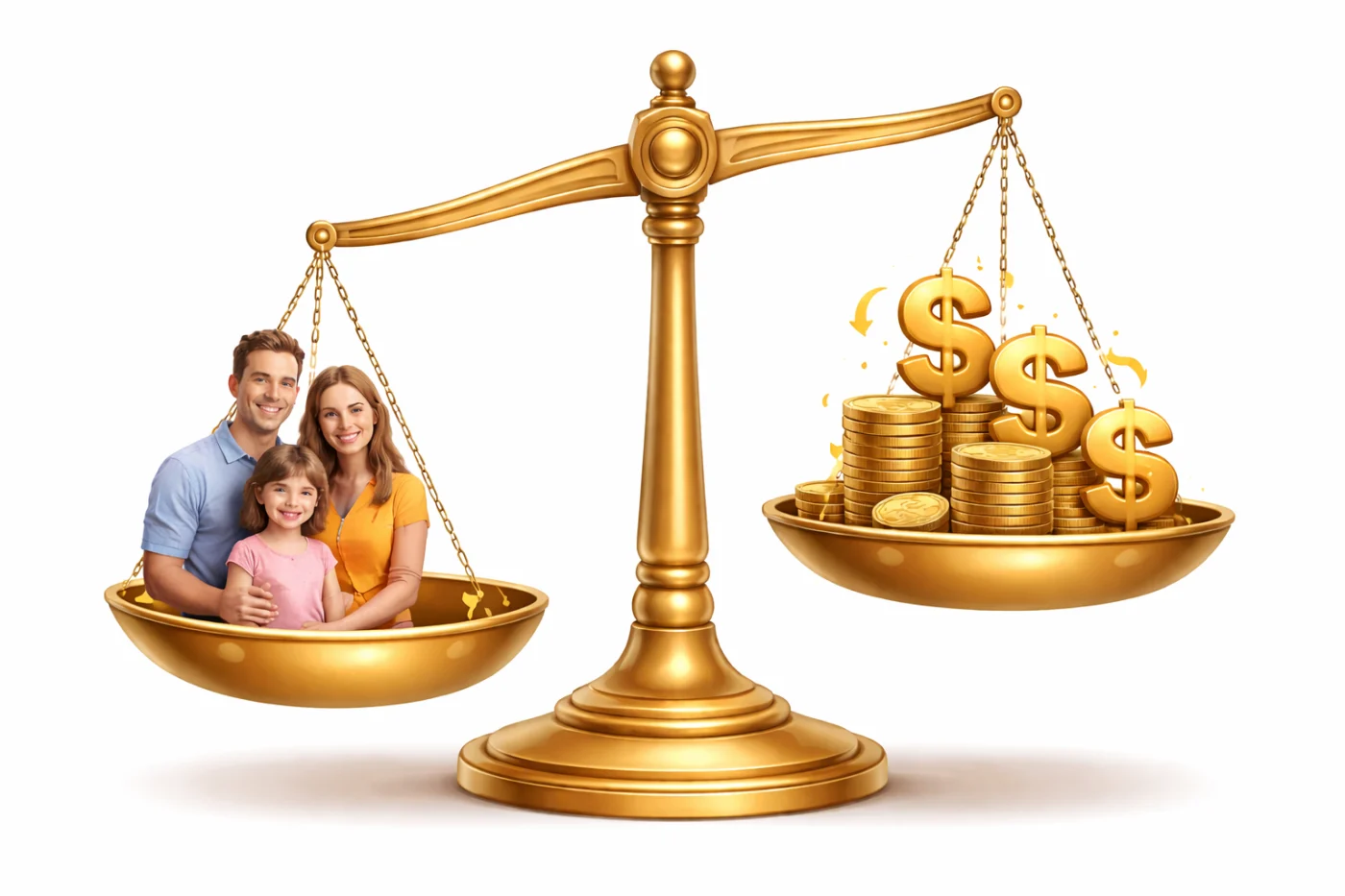 Values Mean More Than Profits Central Florida Universal Roof And Contracting Illustration of a balance scale showing a family outweighing stacks of gold coins and dollar signs, symbolizing that people matter more than profits