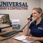 Universal Roof & Contracting office team member speaking on the phone with a homeowner while reviewing notes at a desk.