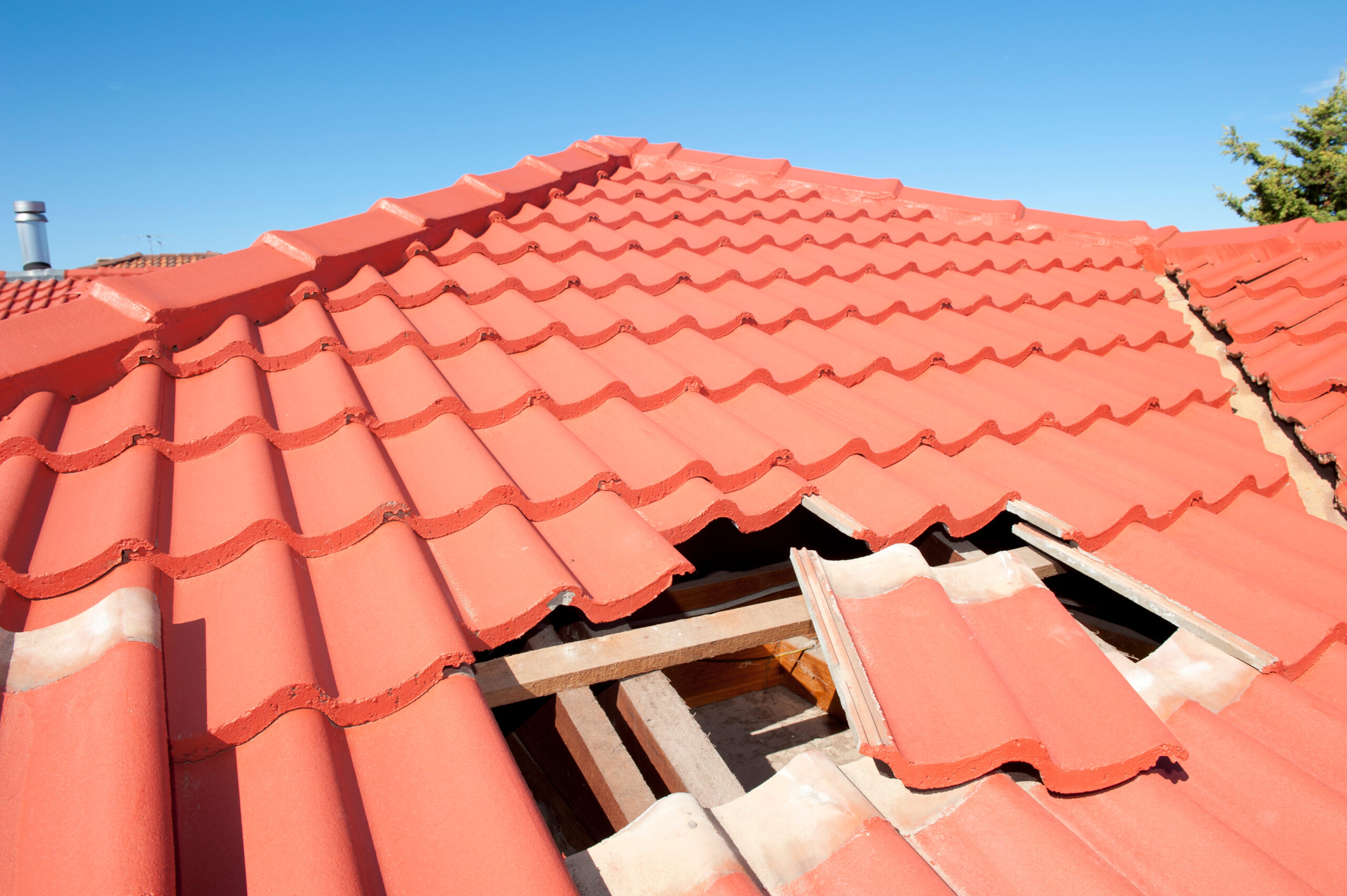 Close up view of a terracotta style roof with missing tiles